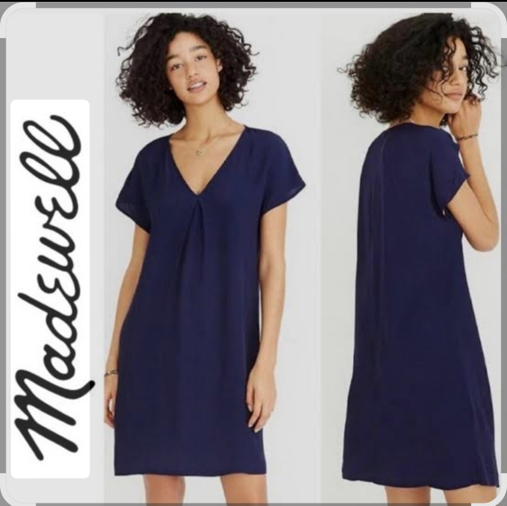 👗Madewell 100% Viscose Navy "Moment" Shift Midi Dress Size Large